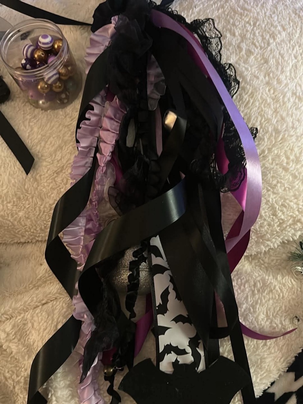 Decorative Ribbon and Lace Home Accent in Black and Lavender